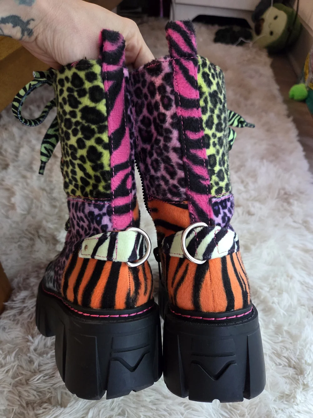 Dollz Kill Bold Multicolor Animal Print Combat Boots - Women